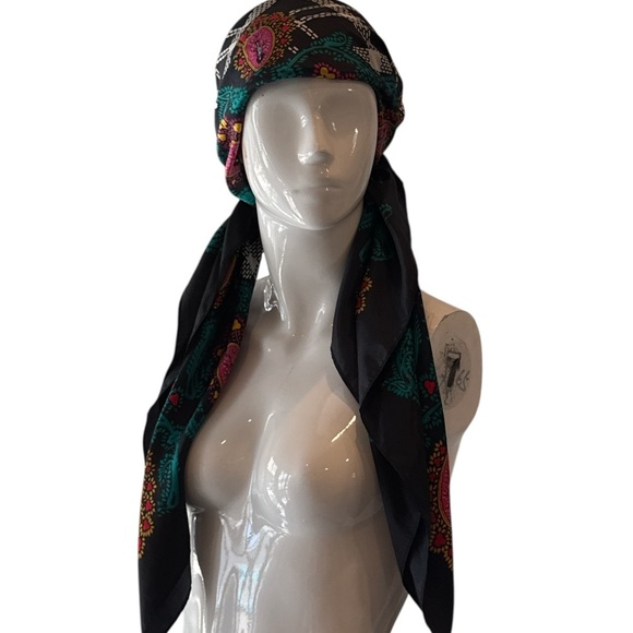 Diane Von Furstenberg Colorful Black Multi Paisley and Plaid Square Silk Scarf - Picture 7 of 15